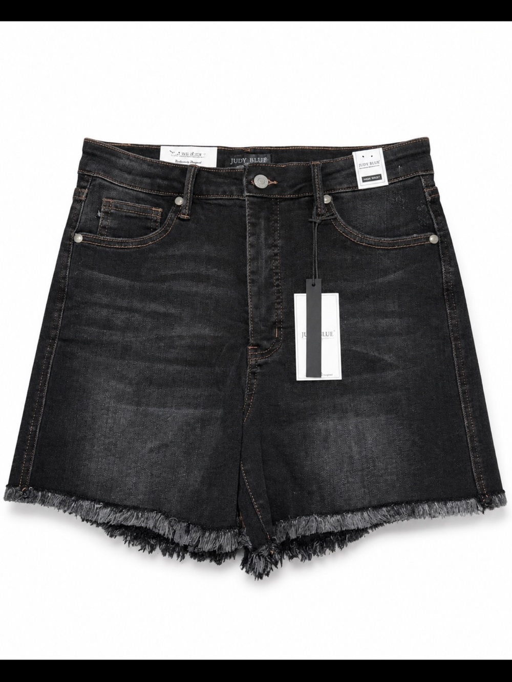 Judy Blue Washed Black High-Rise Denim Shorts with Frayed Hem